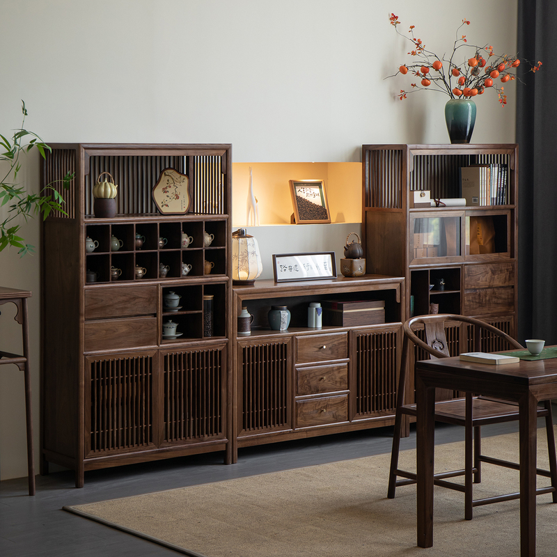 Song-Style Aesthetic Solid Wood Display Cabinet, New Chinese-Style Multi-Treasure Cabinet, Tea Room Black Walnut Wood High-Low Combination Display Side Cabinet Song-Style Aesthetic Solid Wood Display Cabinet, New Chinese-Style Multi-Treasure Cabinet, Tea Room Black Walnut Wood High-Low Combination Display Side Cabinet