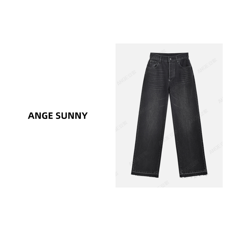 Queyang Ange Sunny【Mm6 Black Denim Jeans】Cat Whisker Pattern Adjustable Back Waist Wide-Leg Pants