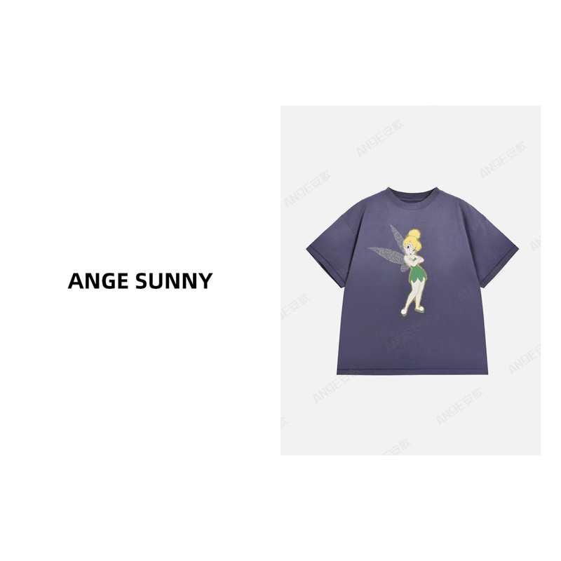 Quyang Ange Sunny【Jenny's Same Style, Little Elf Collaboration T-Shirt】American-Style Vintage Short-Sleeve Top Quyang Ange Sunny【Jenny's Same Style, Little Elf Collaboration T-Shirt】American-Style Vintage Short-Sleeve Top