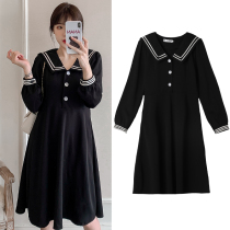 Maternity dress spring dress 2021 new Korean temperament lapel college wind in the long small black dress tide hot mom