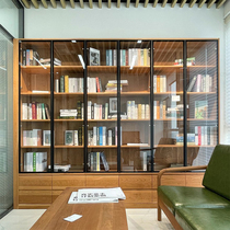 Tenon and mortise custom solid wood full wall bookcase living room bookshelf glass door drawer section measurement cherry wood integrated to the top cabinet