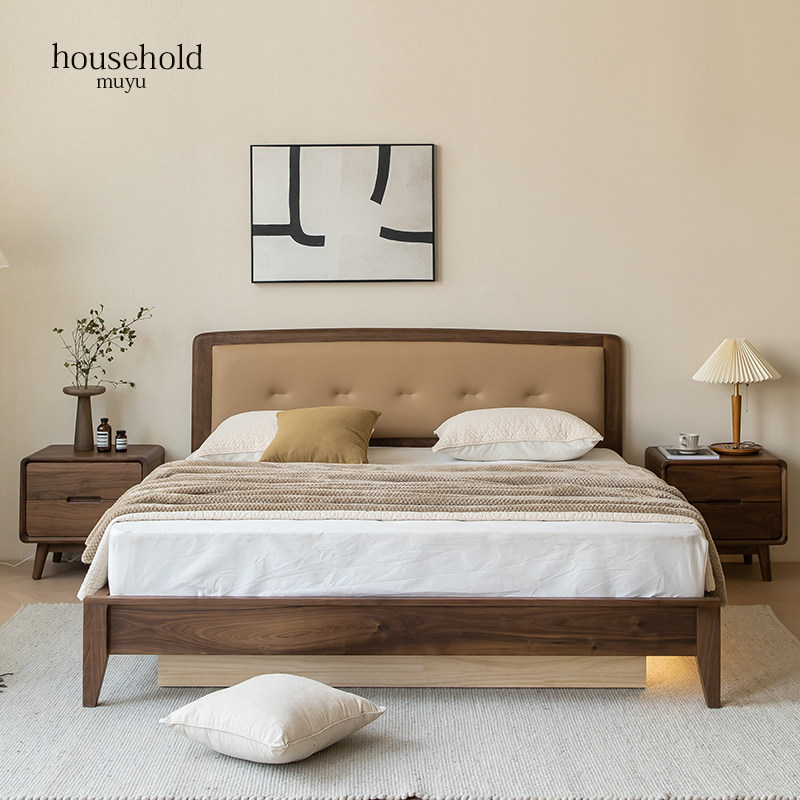 Nordic black walnut cherry wood red oak air pressure storage box bed back real cowhide induction lamp bed master bed