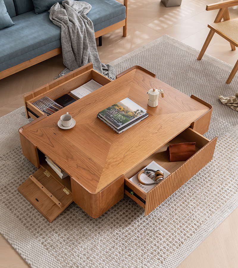 Italian minimalist cherry wood solid wood square coffee table storage living room creative drawer tea table Nordic simple square a few cabinets
