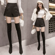 Quần short da cạp cao nữ 2018 mùa đông mới phiên bản Hàn Quốc của quần da cộng với nhung dày bên ngoài mặc quần bốt là quần ống rộng ống rộng