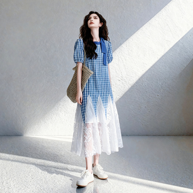 Unique and Beautiful Blue Plaid Lace Patchwork Dress for Women, Summer 2026 New Style, Puff Sleeve Fake Two-Piece Dress