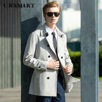 URSMART short windbreaker mens autumn new double-breasted mens windbreaker simple slim solid color windbreaker tide