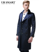 Ursmart Youjishi autumn and winter new long mens denim windbreaker double-breasted girdle personalized mens windbreaker