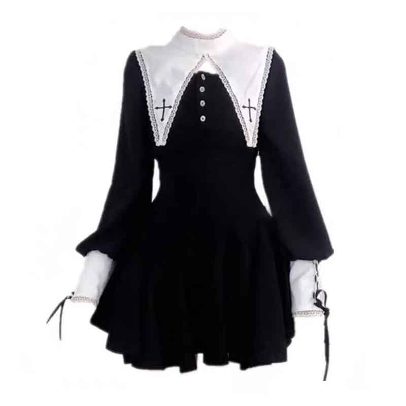 Halloween Dark Lolita Sweet Cool Nun Fake Two-Piece Dress High-Waisted Irregular Little Black Dress for Women