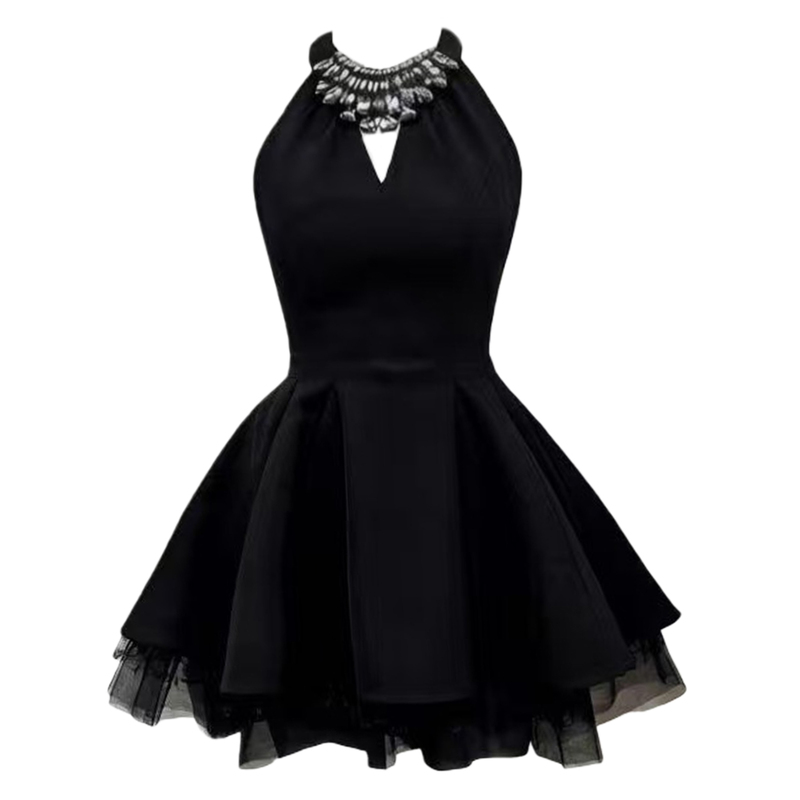 Self-Designed Black Sleeveless Halter Neck Dress with Heavy Rhinestone Embellishment, Waist-Cinching, and Puffy Skirt for Women, Birthday Dress