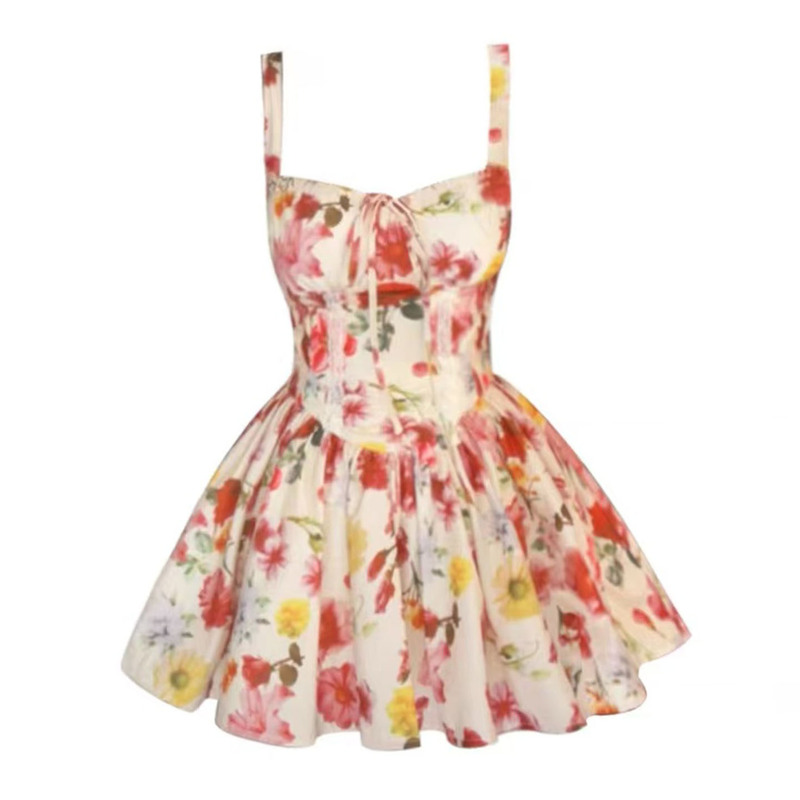 In Stock【I Am Naturally Beautiful】French-Style Pure and Alluring Floral Suspender Puffy Skirt, Vacation Style Waist-Cinching A-Line Short Skirt for Women