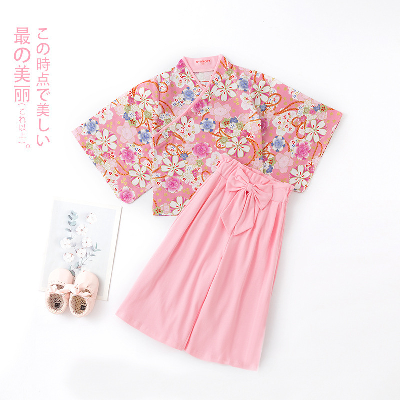 Girls' Spring and Autumn Long-Sleeved Kimono Suit Pink Floral Top Kimono Girls' Spring and Autumn Long-Sleeved Kimono Suit Pink Floral Top Kimono