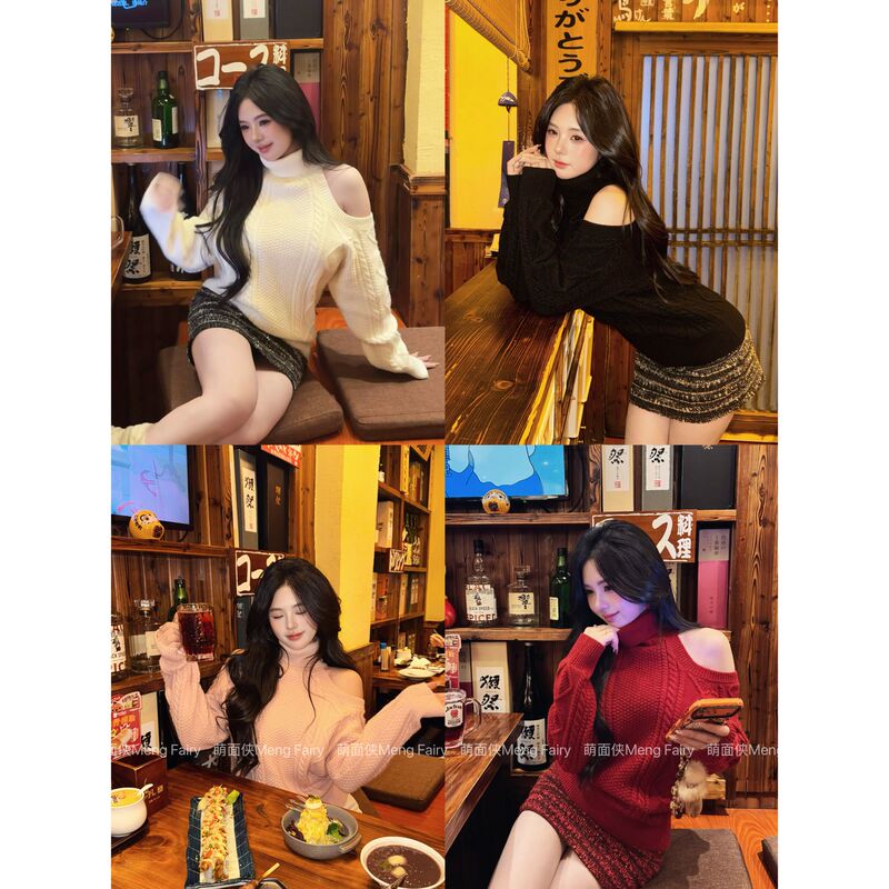 Cute Hero [Winter Lover] Stylish High-Neck Off-Shoulder Slim-Fit Autumn and Winter Christmas Red Knitted Sweater Coat