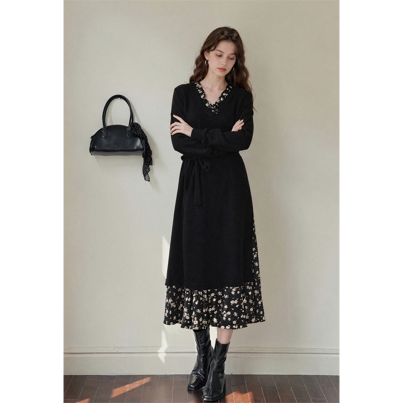 Lclu 2026 New Autumn Style French Black Patchwork Floral Long-Sleeved Dress for Women with a Sense of Design