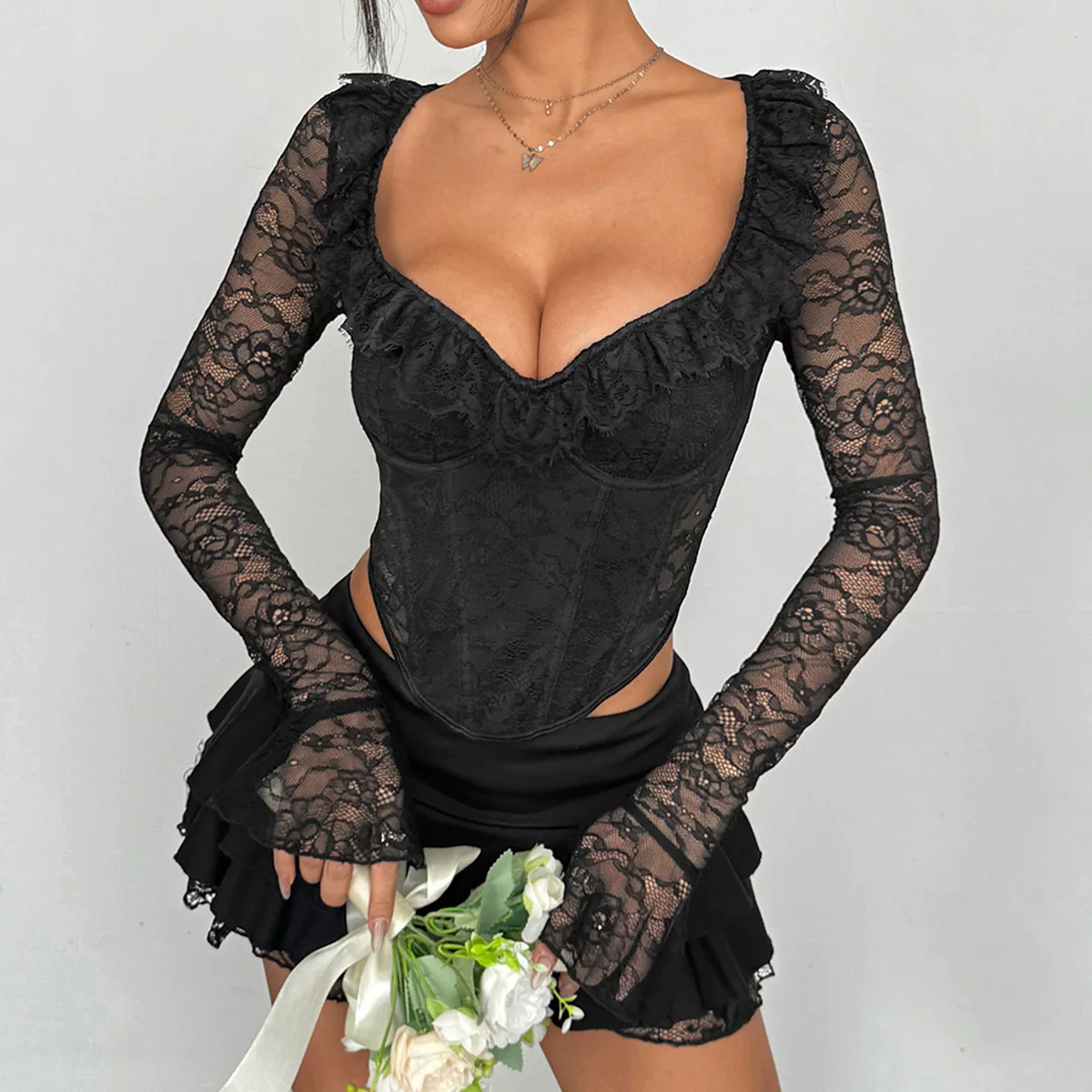 Women Ins Temperament Slim Version Elastic Flower Lace Vest