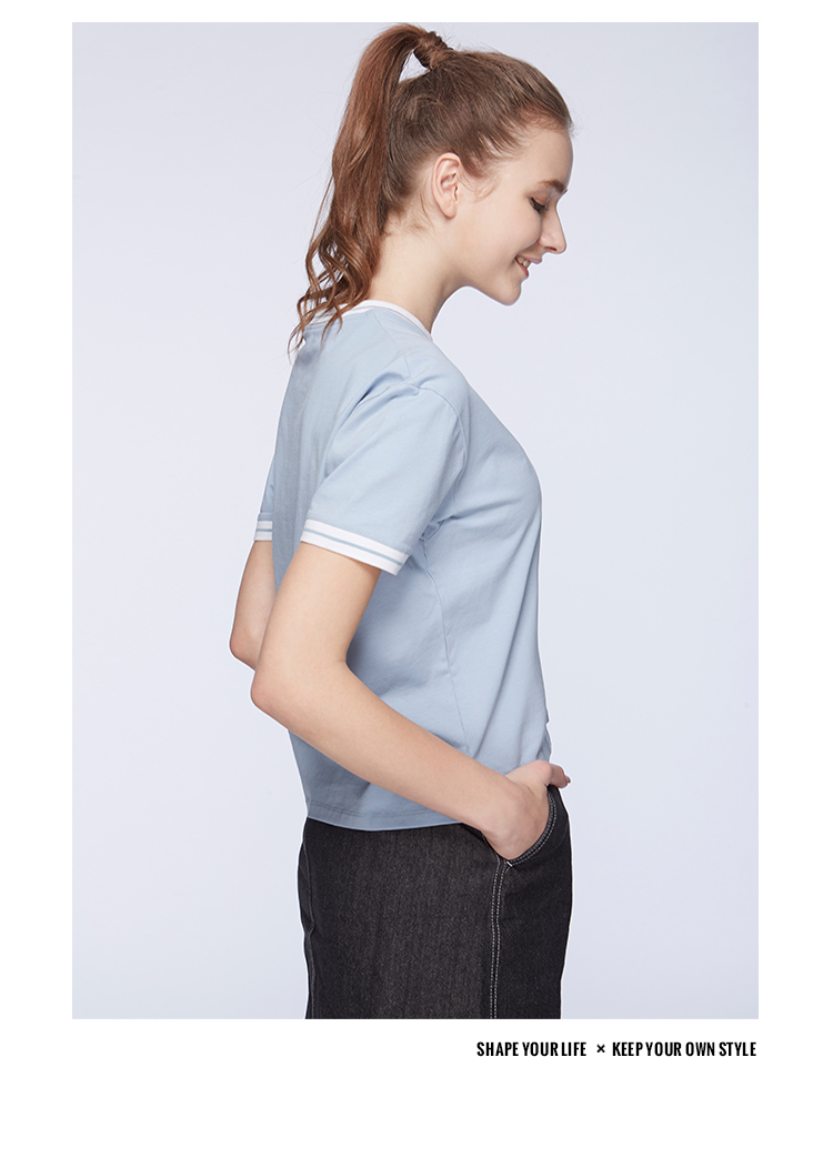 SHAPE Sê-ri Early Bird Series Mùa xuân và Mùa hè Màu tương phản Đường viền cổ áo giản dị Áo ngắn tay dễ thương CZ8Q1017 - Áo phông thể thao áo tank top gym nam