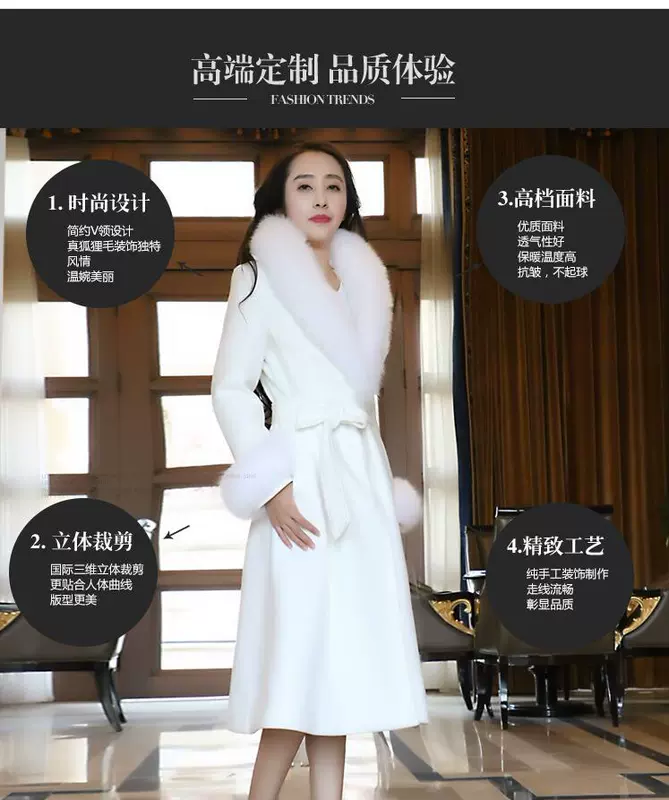 Cổ áo lông cáo lông cáo lông cừu 2018 mùa đông màu trắng khí phù hợp với cổ áo thắt eo áo len dài áo dạ tweed dáng dài