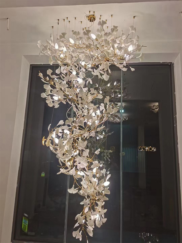 Large Chandelier for Duplex Loft Staircase Lighting, Light Luxury Villa Open-Air Mezzanine Living Room Lobby Sales Office Ginkgo Leaf Lamp
