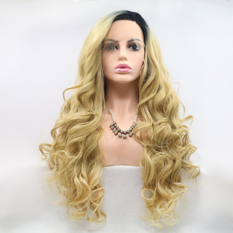 Two-Tone Golden Wavy Long Curly Hair Natural-Looking Wig for Women, European and American Fashion Synthetic Fiber Lace Front Wig