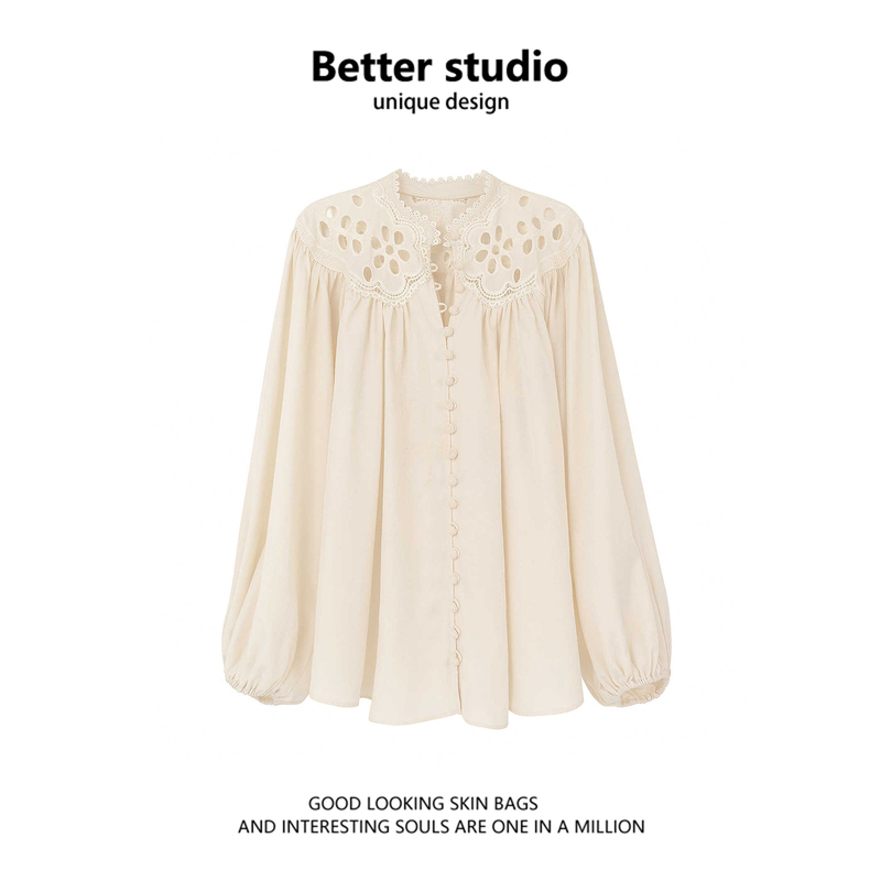 Palace-Style Heavy Lace Hollow-Out Shirt for Women, 2026 Spring New Design, Embroidered Loose Slimming Top, Trendy