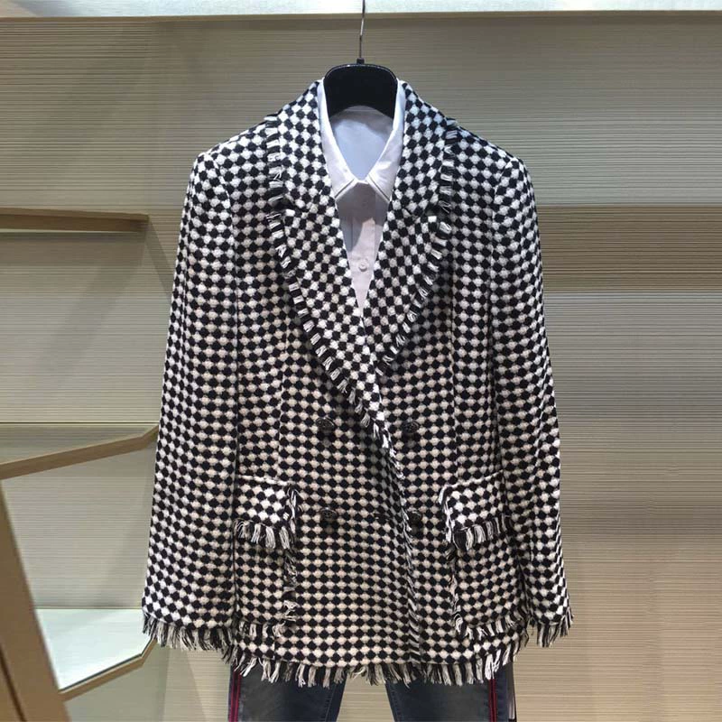 Quầy của phụ nữ Xige Sisi đang làm thương hiệu cho mùa thu đông 2020 áo khoác len houndstooth màu đen mới - Business Suit