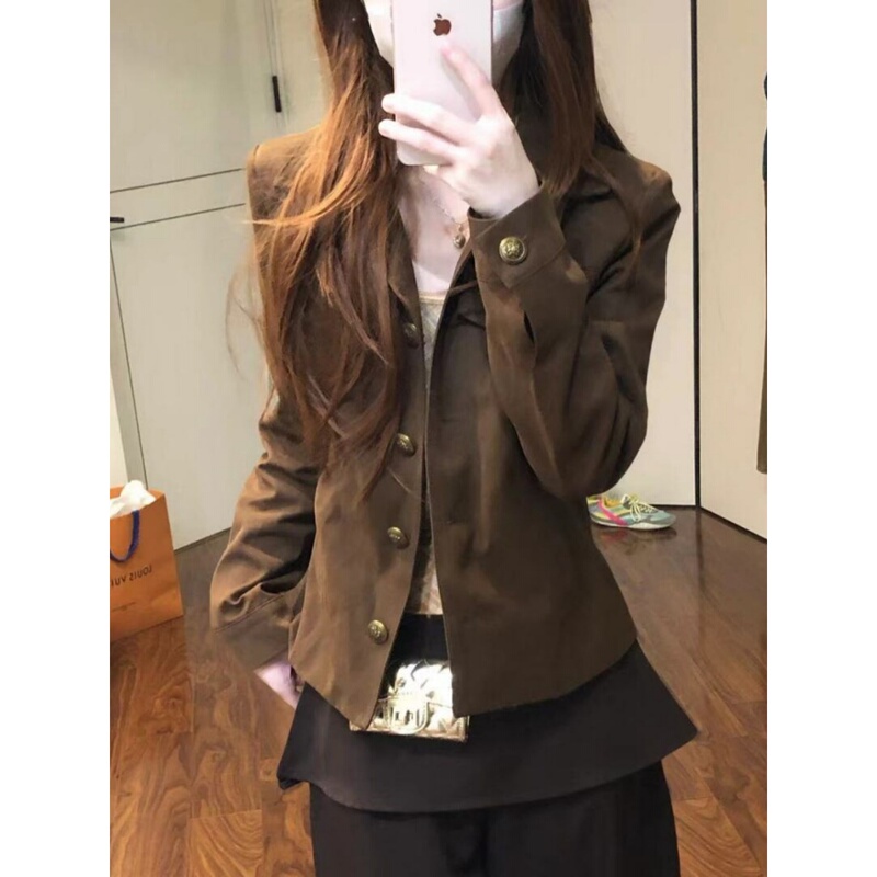 Brown Lapel Work Jacket for Women, New Spring and Autumn Style, Petite Short Style, Elegant American-Style Jacket, Waist-Cinching Top
