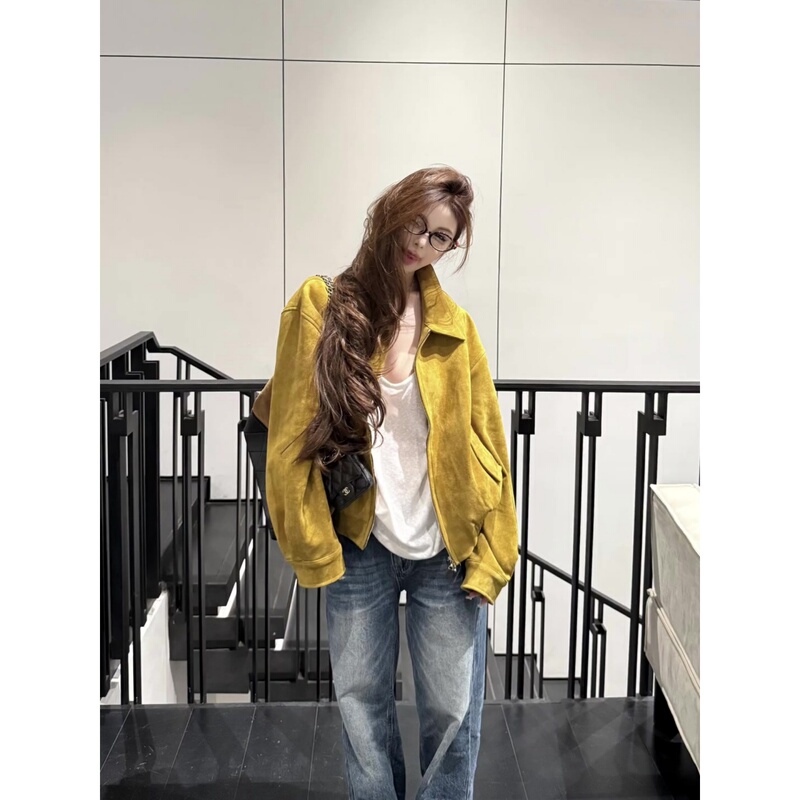 Korean-Style Lapel Suede Jacket for Women, Early Spring, Petite, Elegant, Short Leather Jacket, Very Stylish Top