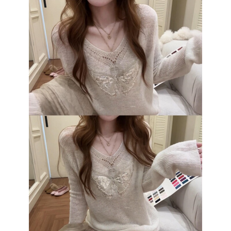 White Hollow-Out Sequin V-Neck Long-Sleeve Knit Sweater for Women, Autumn Loose Casual Lazy Inner Layering Top White Hollow-Out Sequin V-Neck Long-Sleeve Knit Sweater for Women, Autumn Loose Casual Lazy Inner Layering Top