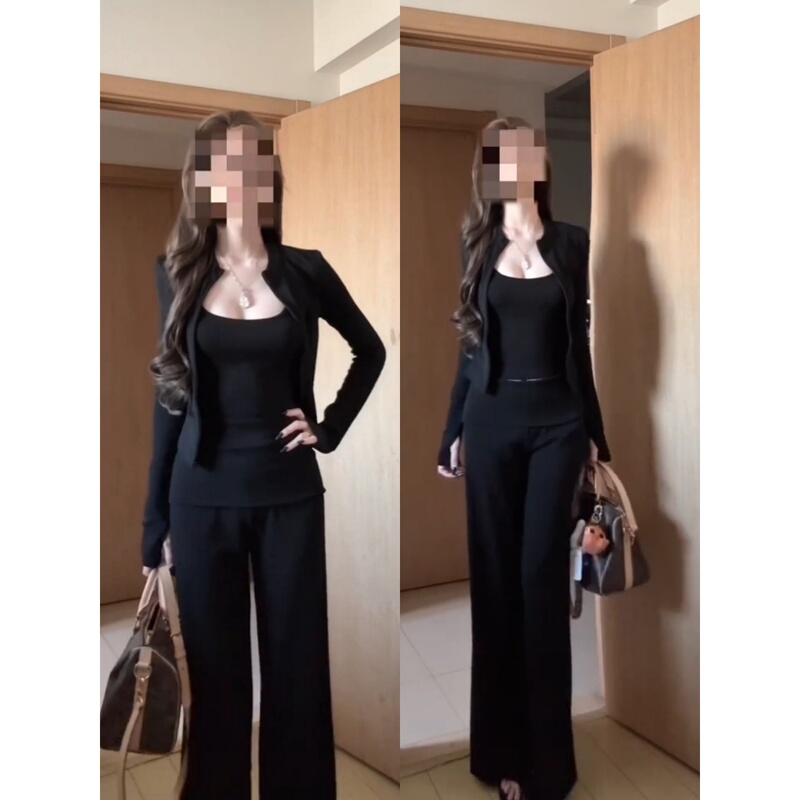 Korean Style Outfit Set for Women Early Autumn Casual Pure Desire Style Black Cardigan Camisole Top Long Pants Three-Piece Set Korean Style Outfit Set for Women Early Autumn Casual Pure Desire Style Black Cardigan Camisole Top Long Pants Three-Piece Set