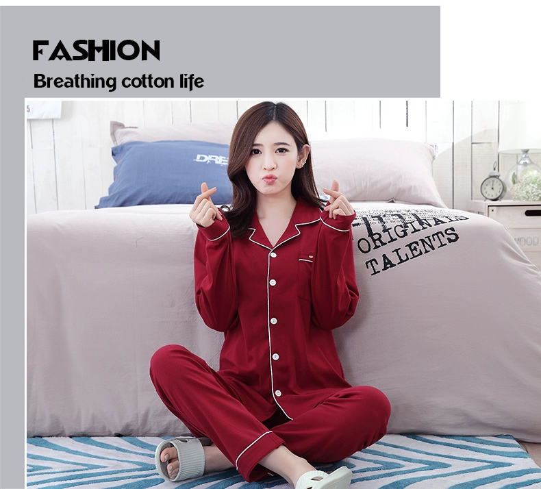 Mùa xuân và mùa thu 200 pounds chất béo MM cộng với phân bón XL lỏng rượu vang đỏ đồ ngủ phụ nữ dài tay cotton Hàn Quốc phù hợp với dịch vụ nhà