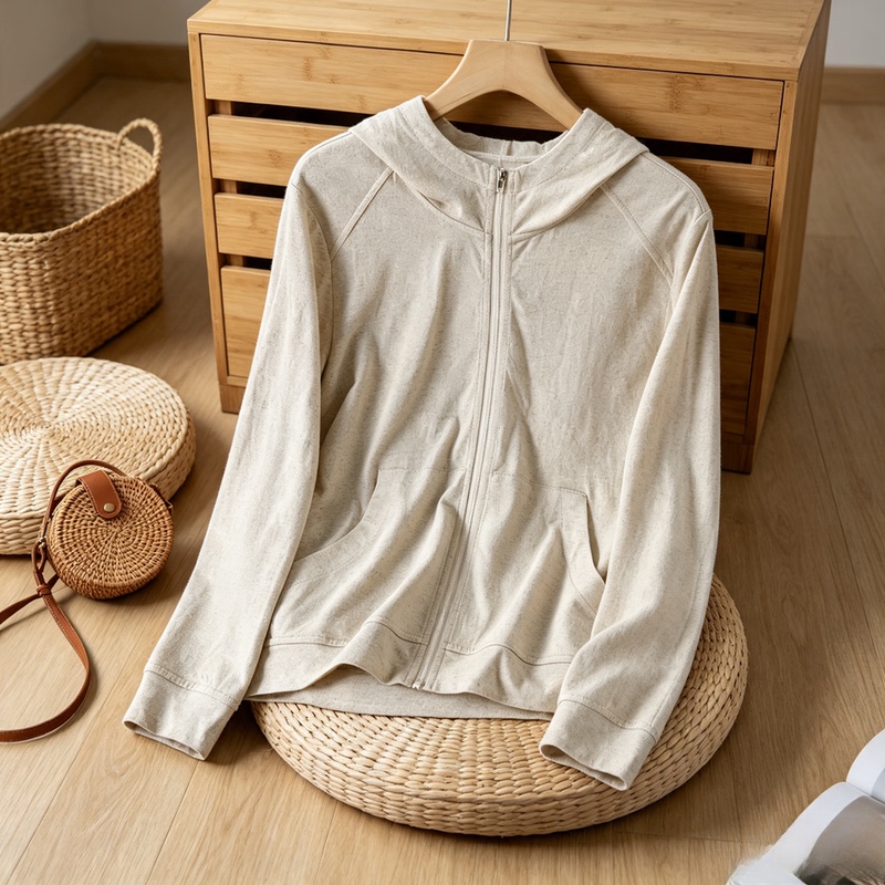 [Yunjian] Hemp Jacket for Women, Simple and Artistic, Loose and Breathable Knitted Cardigan, Long-Sleeved Hooded Sweatshirt 26880