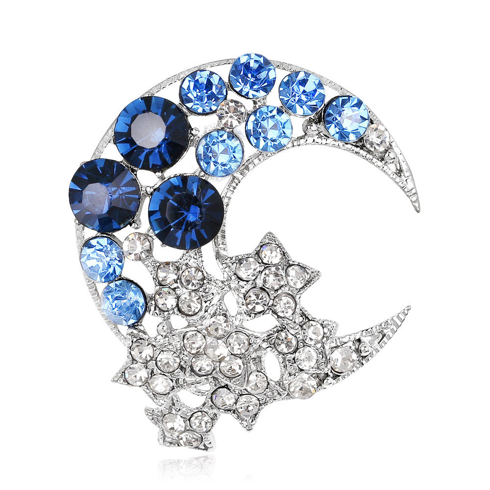 Korean style fashionable and cute star and moon alloy rhinestone brooch, stylish and elegant suit corsage pin, available for wholesale.