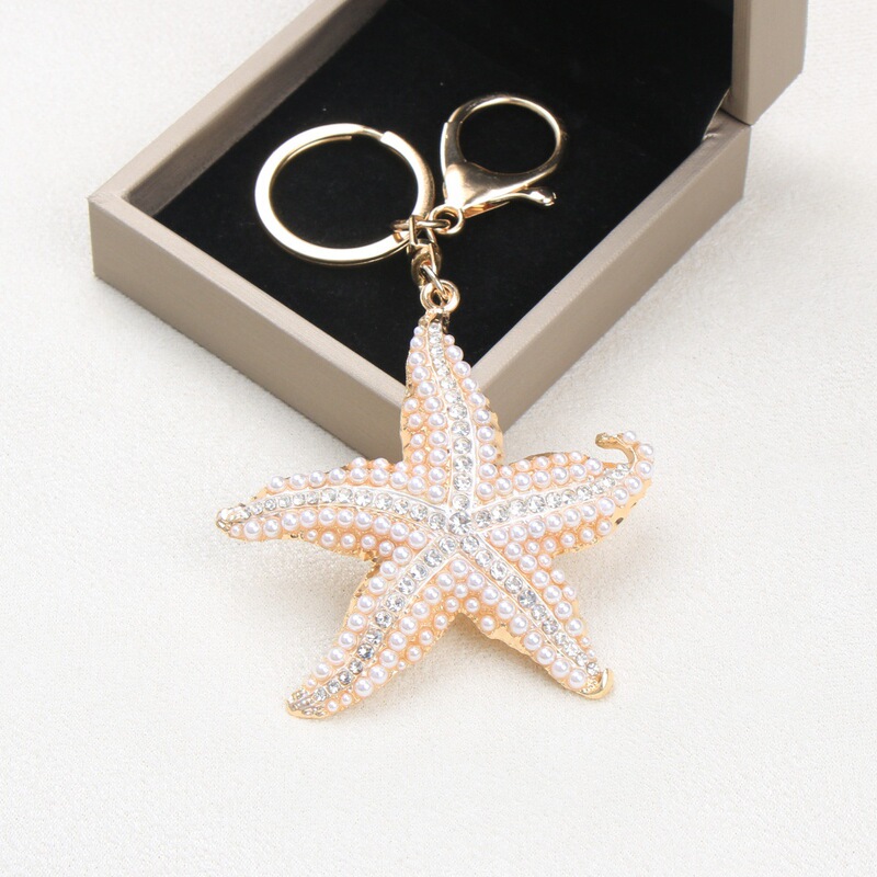 New Creative Alloy Pearl-Encrusted Starfish Keychain Personalized Marine Life Key Ring Bag Accessory Pendant