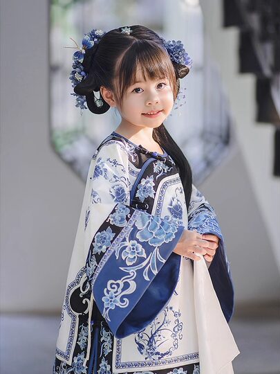 Girls Manchu Chinese Han Dynasty Blue and White Porcelain Qing Dynasty Checkered Skirt Spring and Autumn Qing Han Female Pioneer Grandma Little Princess Skirt