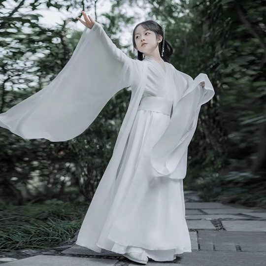 Hanfu blanco para niña, disfraz de súper hada, collar de mano, elegante disfraz de actuación de guzheng para niños, falda de súper hada para niña de estilo chino