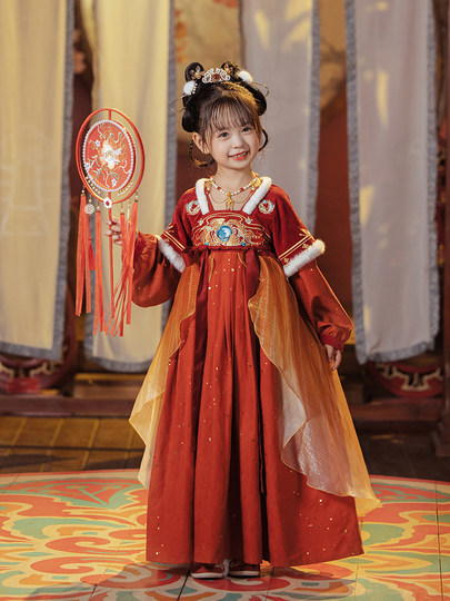 2025 New Han Dynasty Girls' Ancient Costumes Super Fairy Autumn and Winter Chinese Style Plush Red New Year's Ruskirt Children's Dress