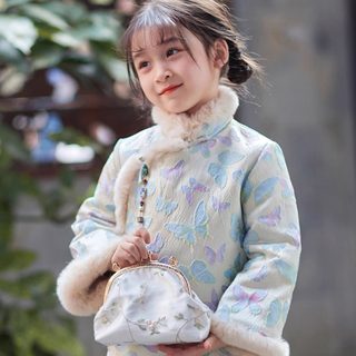 Girls' Cotton-Padded Jacket with Butterfly Elements, Cheongsam Dress, Thick Autumn and Winter Style, New Chinese-Style New Year Outfit for Little Girls, Tang Suit Dress