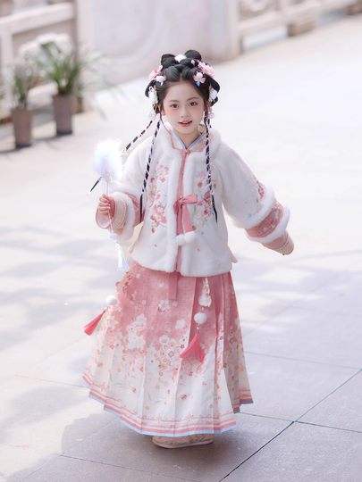 Girls' Pink Ming-Style Hanfu Winter Chinese-Style Children's Little Girl's Mamian Skirt Super Fairy-Like Fleece-Lined New Year Outfit Set