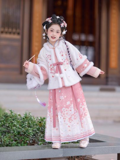 Girls' Pink Ming-Style Hanfu Winter Chinese-Style Children's Little Girl's Mamian Skirt Super Fairy-Like Fleece-Lined New Year Outfit Set