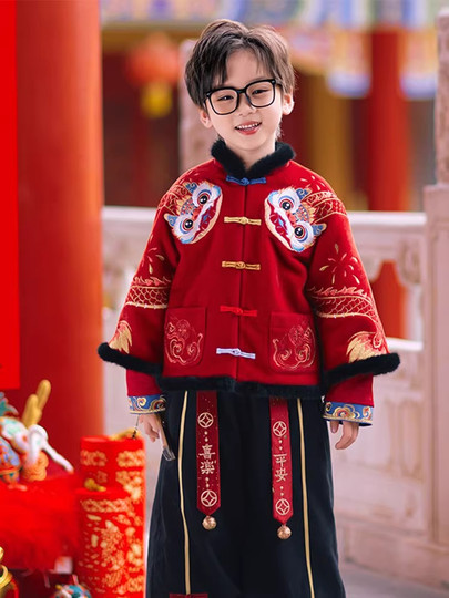 男生冬季新款中国风唐装儿童厚款喜庆洋气喜庆汉服两件套拜年服