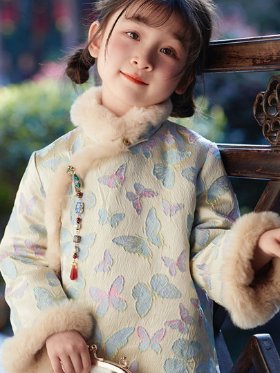 女童棉袄蝴蝶元素旗袍裙秋冬厚款儿童小女孩新中式拜年服唐装裙子