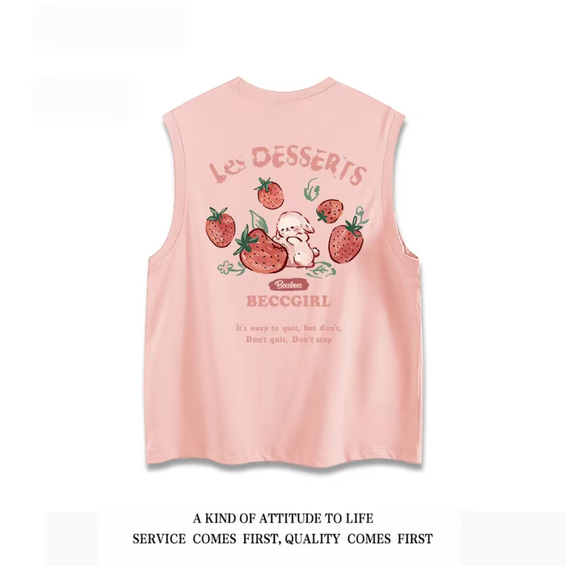 Heavyweight Pure Cotton Hong Kong Style Chic Cute Rabbit Print Sleeveless Vest Unisex Summer Fashion Versatile Tank Top T-Shirt