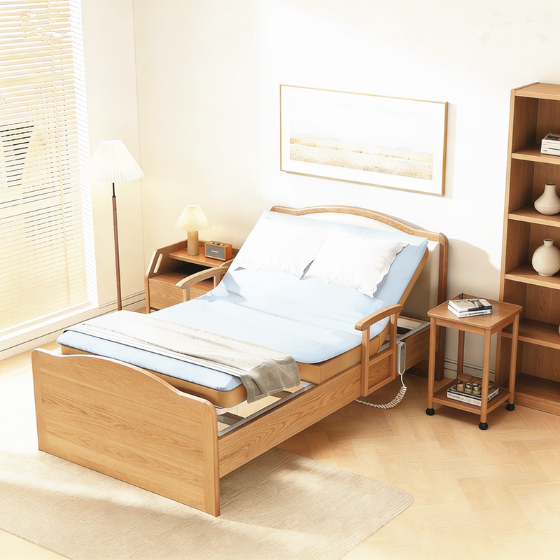 Home-Use Solid Wood Nursing Bed for the Elderly with Separate Partitions to Prevent Disturbance, Double Bed with Electric Lift, Specialized Bed