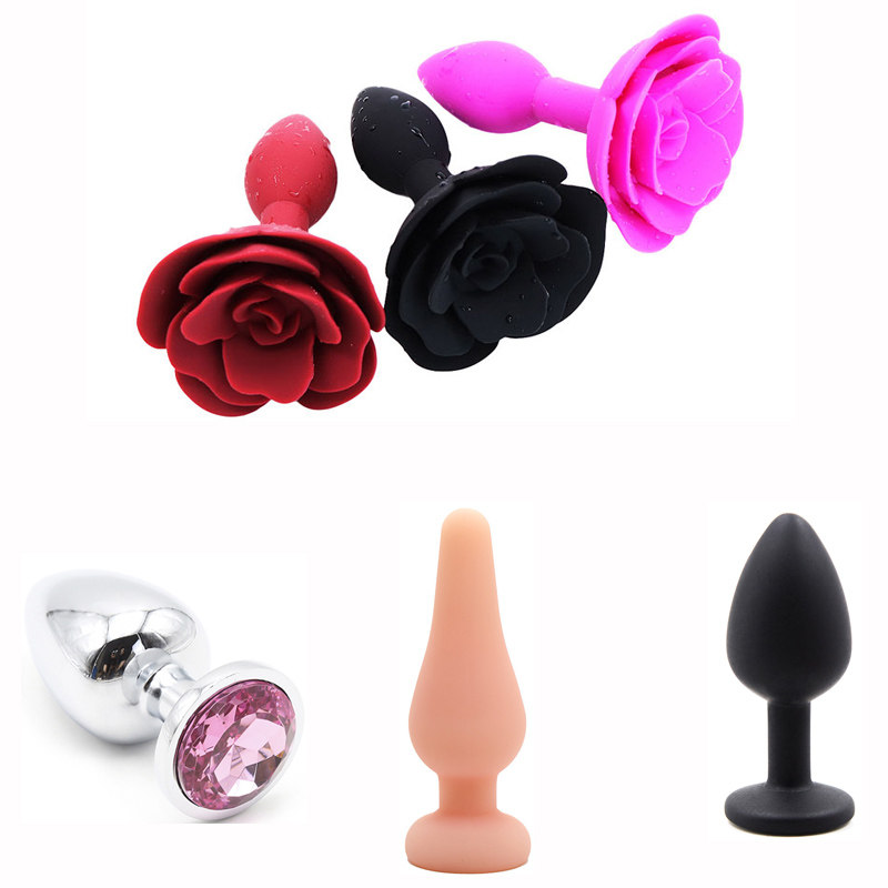 Rose diamond anal plug small trumpet novice men go out for a long time to wear out novice metal silicone anal plug