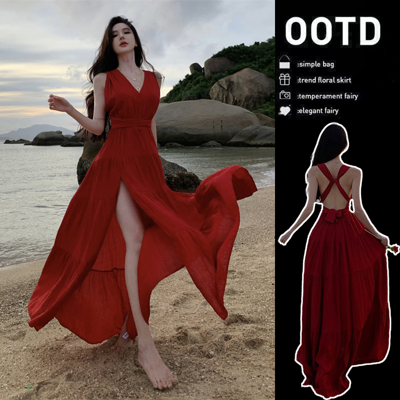 French-Style Stunning Seaside Vacation Red Halter Dress, Feminine Backless Tie Waist Sleeveless Slit Long Dress