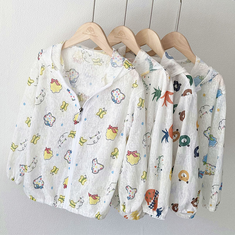 Children's sun protection clothing boys baby skin clothing air-conditioning shirt beach jacket thin section hooded top girls summer clothing