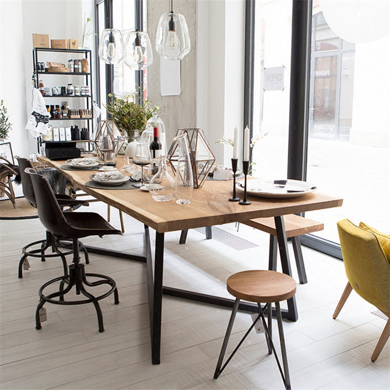 Nordic Minimalist Home Iron Art Rectangular Multi People Dining Table Dining Room Furniture Casual Solid Wood Table Outdoor Table And Chairs