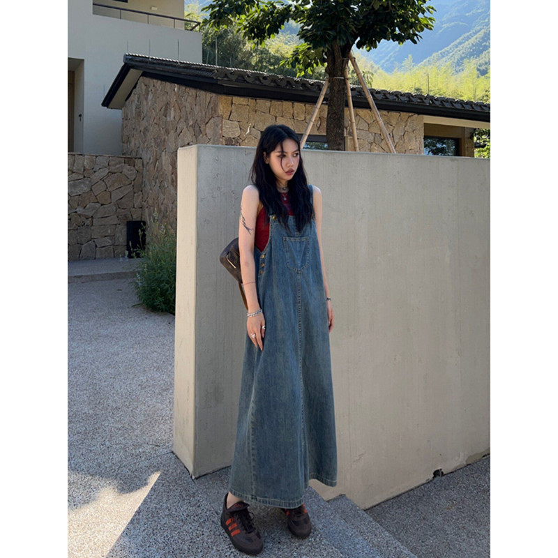 Plus-Size Lazy Style Washed Denim Suspender Dress for Women, Summer, for Chubby Girls, 1.0-150kg Fashionable Long Suspender One-Piece Dress