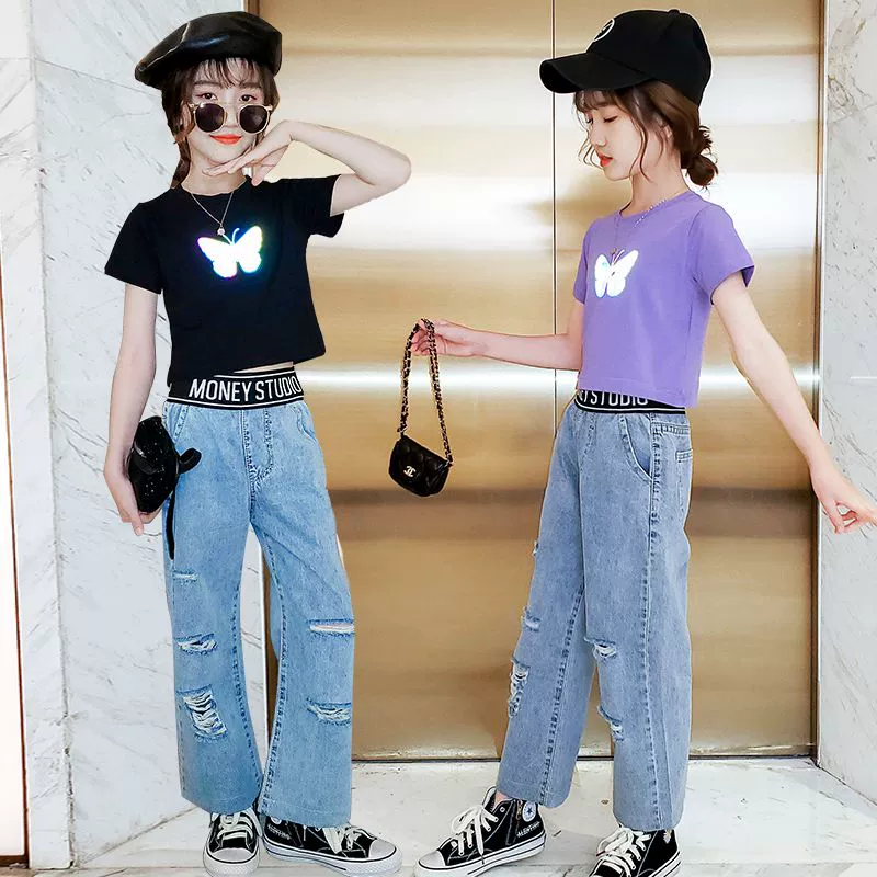 Big Virgin Ripped Denim Quần ống rộng Mùa hè Phong cách Hàn Quốc lỏng lẻo Cô gái nhỏ Quần dài thẳng của trẻ em Thời trang mới - Quần jean