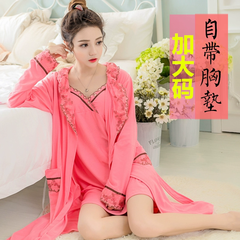 Mùa thu và mùa đông dài tay cotton tinh khiết đồ ngủ sexy phụ nữ mùa thu với đệm ngực ren sling cộng với áo choàng tắm hai mảnh cỡ lớn - Night Robe