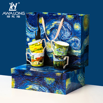 European retro mug Van Gogh famous painting ceramic cup large capacity couple bone china cup a pair of gift box with spoon